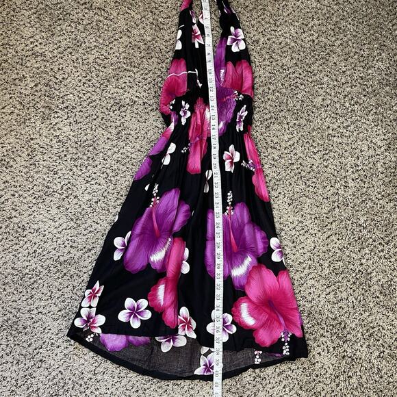 Vtg Black Pink Hibiscus Flower Halter Dress Hawaiian Y2K Babydoll Fairy Sz M - Picture 10 of 10